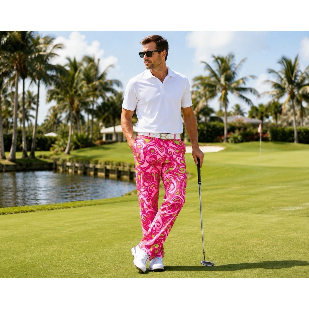Loudmouth Golf Pants Men's 34x30 Pink Green Swirl Cotton Stretch EUC